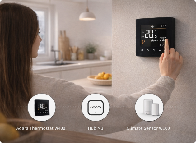 EvokLiving smart thermostat hub with digital display and control buttons, showcasing a sleek, modern design for home climate management.