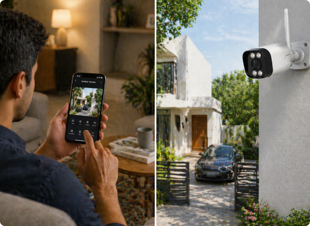 EvokLiving smart outdoor camera with AI face detection, showing a sleek black security camera mounted outdoors.