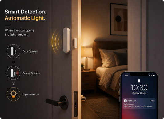 EvokLiving door and window sensor showing a compact device with mounting options and indicator lights on a white background.