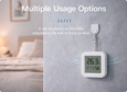 EvokLiving climate sensor showing digital display with temperature and humidity readings on a sleek black device.