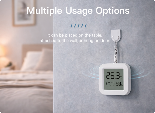 EvokLiving climate sensor showing digital display with temperature and humidity readings on a sleek black device.
