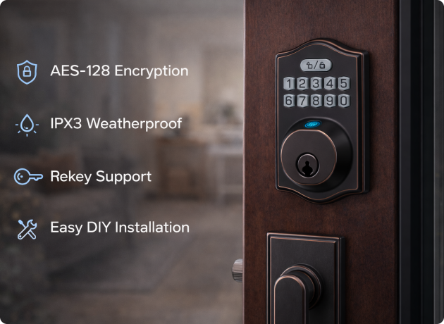 EvokLiving Smart Door Lock T100 with pin keypad, silver finish, installed on a modern front door for secure access.