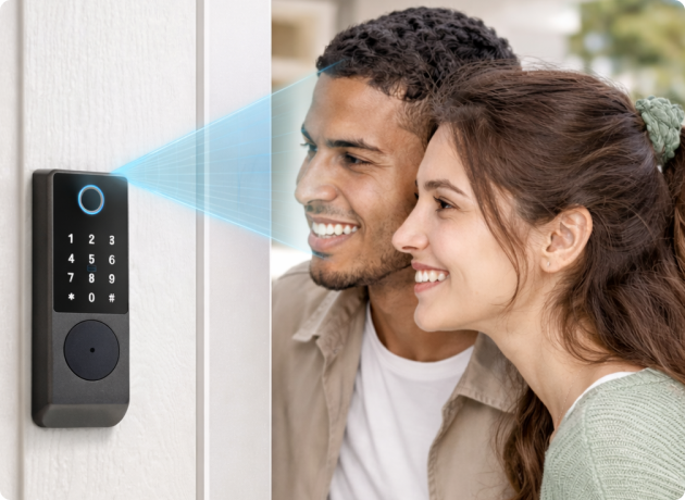 EvokLiving Smart Door Lock T200 with PIN and fingerprint detection, showing the lock mechanism and keypad in use.