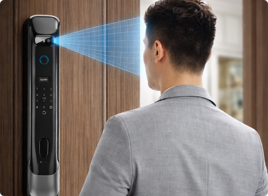 EvokLiving Smart Door Lock T300 with keypad, fingerprint scanner, and face detection installed on a modern door.