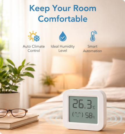 EvokLiving climate sensor showing a digital display with temperature and humidity readings in a sleek, modern design.