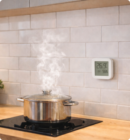 EvokLiving climate sensor displaying multiple sensor readings and controls in a sleek, modern design.