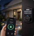 EvokLiving Smart Door Lock T100 with pin keypad, close-up view showing sleek black design and numeric keypad for secure access
