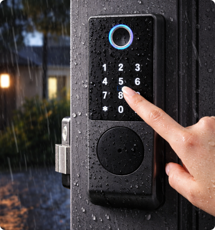 EvokLiving Smart Door Lock T200 with fingerprint scanner and PIN pad, featuring sleek design and secure locking mechanism.