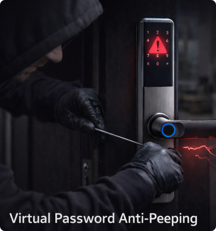 EvokLiving Smart Door Lock T250 with keypad, fingerprint scanner, and sleek black finish, showing the lock's digital interface and fingerprint sensor.