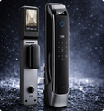 EvokLiving Smart Door Lock T300 with keypad, fingerprint scanner, and face detection features, showing lock interface and biometric sensors.