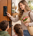 EvokLiving Smart Door Lock T200 with PIN and fingerprint detection, featuring a sleek black lock with keypad and biometric scanner.