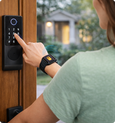 EvokLiving Smart Door Lock T200 with PIN and fingerprint detection, shown with keypad and fingerprint scanner on a sleek door handle.