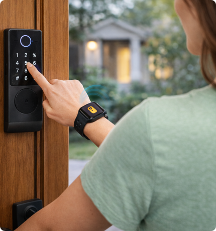 EvokLiving Smart Door Lock T200 with PIN and fingerprint detection, shown with keypad and fingerprint scanner on a sleek door handle.