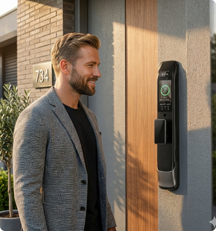EvokLiving Smart Door Lock T300 with fingerprint, pin, and face detection, showing a sleek black lock with digital keypad and biometric scanner.