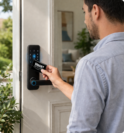 EvokLiving Smart Door Lock T250 with keypad and fingerprint scanner, showcasing the sleek lock design and fingerprint detection feature.