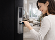 EvokLiving Smart Door Lock T250 with PIN and fingerprint detection, showing the keypad and biometric scanner.