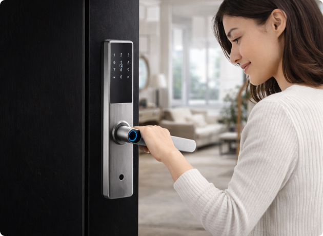 EvokLiving Smart Door Lock T250 with PIN and fingerprint detection, showing the keypad and biometric scanner.