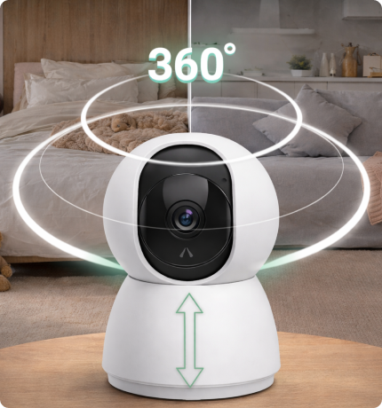 Indoor 360-degree 4 MP camera from EvokLiving showing a sleek black dome with wide-angle lens and mounting bracket.