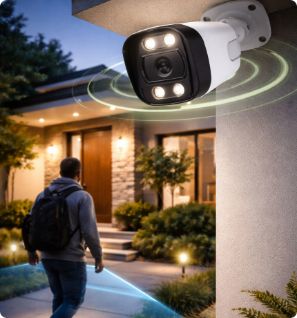 EvokLiving smart outdoor camera with AI face detection, showing a sleek black camera mounted outdoors with a clear view of the lens