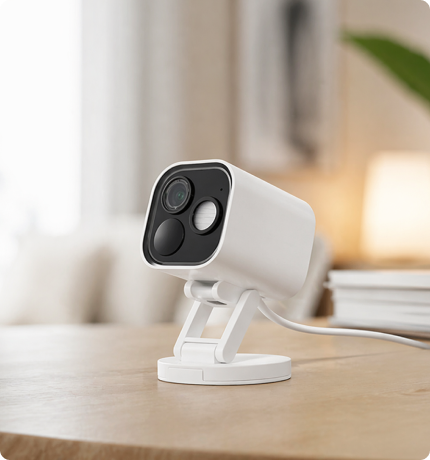 EvokLiving smart outdoor camera with AI face detection showing the camera mounted outdoors with a clear view of the lens and housing.