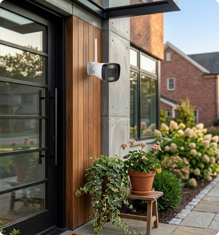 EvokLiving smart outdoor camera with AI face detection, showing a sleek black camera mounted outdoors with detection icons on the image.