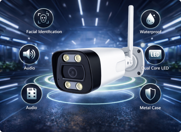 EvokLiving smart outdoor camera with AI face detection, showing a sleek black design mounted outdoors for home security.