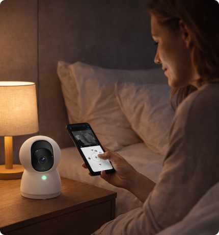 EvokLiving Indoor 360-degree 4 MP camera capturing a wide-angle view of a modern home interior.