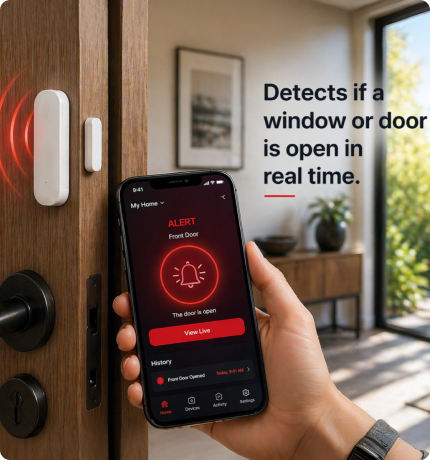 EvokLiving door and window sensor showing sensor and magnetic strip for home security system.