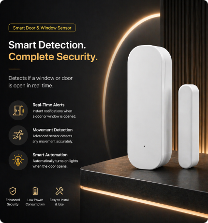 EvokLiving door and window sensor showing the sleek device with LED indicator and mounting bracket for home security.