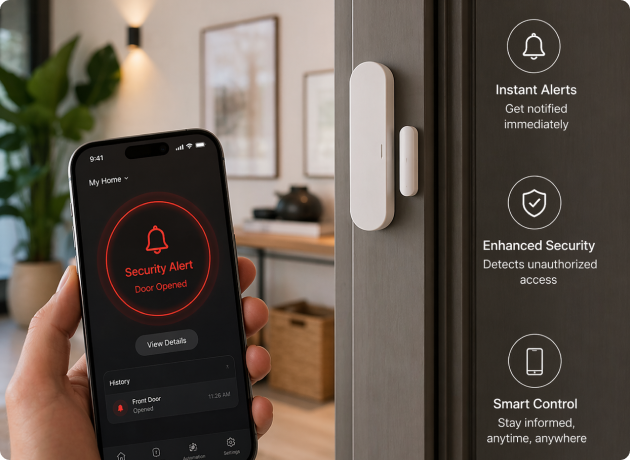 EvokLiving door and window sensor showing a compact device with sensors and installation clips for security monitoring.