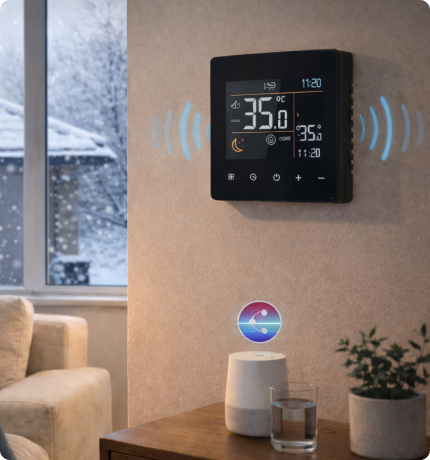 EvokLiving smart thermostat hub with digital display, showing temperature controls and Wi-Fi connectivity for home automation.
