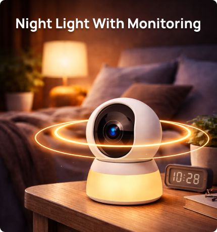 Wireless indoor baby monitor camera by EvokLiving showing a baby sleeping in a crib with a view of the nursery.