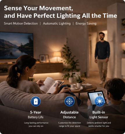 EvokLiving motion sensor with sleek design, featuring a white compact casing and sensor lens for automatic detection.