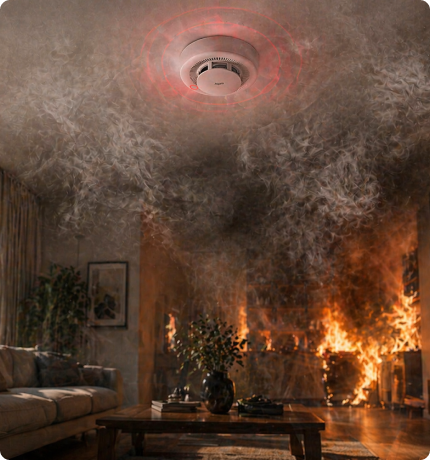 EvokLiving smoke detector with alert indicator and mounting bracket, designed for home safety and fire prevention.