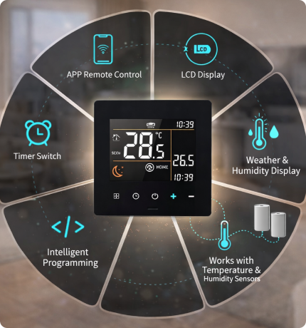 EvokLiving smart thermostat hub displaying digital screen and control buttons for home temperature management.