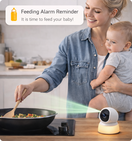 Wireless indoor baby monitor camera by EvokLiving showing a compact device with a lens and control buttons on a neutral background.