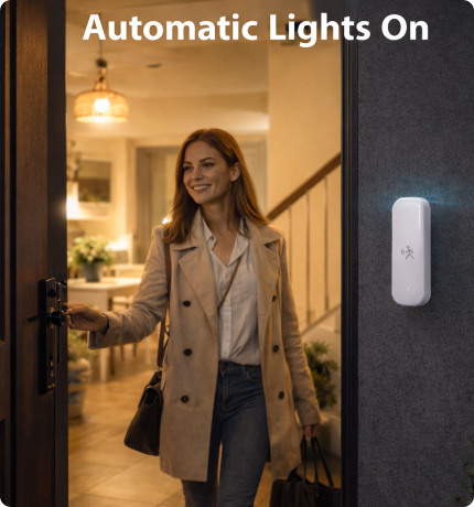EvokLiving motion sensor device with sleek design and sensor lens, ideal for automated lighting and security systems.