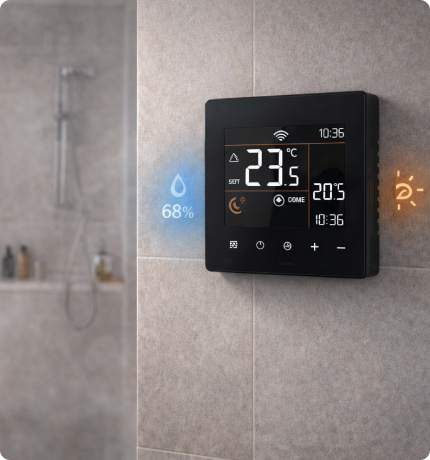 EvokLiving smart thermostat hub with digital display and sleek design for smart home climate control.
