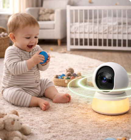 Wireless indoor baby monitor camera by EvokLiving showing a sleek design with a lens and control buttons on a white background.