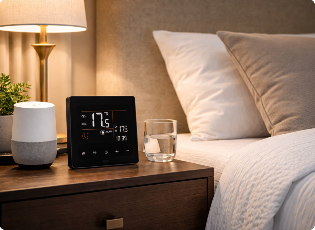 EvokLiving Smart Thermostat Hub with digital display and control buttons, designed for home temperature management.