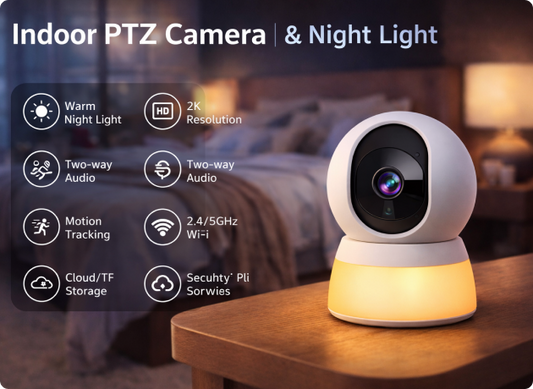 Wireless indoor baby monitor camera by EvokLiving with night vision, adjustable lens, and two-way audio for safe baby monitoring.