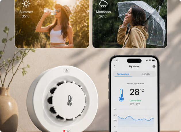 EvokLiving smoke detector mounted on ceiling, with round white design and sensor grille, for home safety and fire alert.
