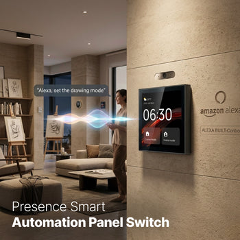EvokLiving smart control panel for home automation with touchscreen interface and Zigbee connectivity.