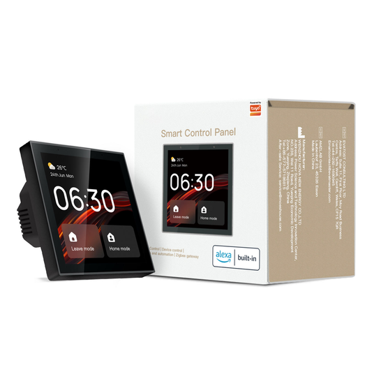 EvokLiving Smart Control Panel for home automation, featuring a touch interface with various control buttons and display screen.