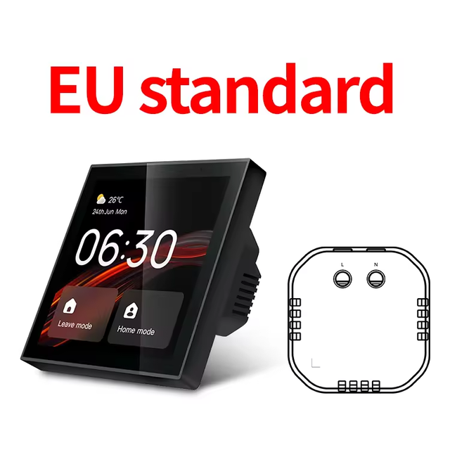 EvokLiving smart home control panel with touchscreen for home automation, featuring Tuya Zigbee connectivity and modern design.