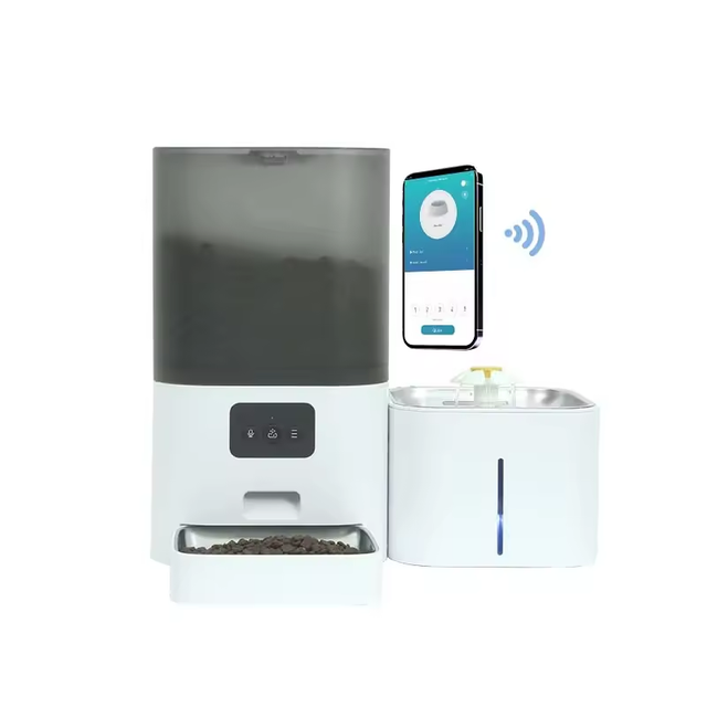 EvokLiving smart pet feeder with digital display and food tray, designed for automatic pet food dispensing.