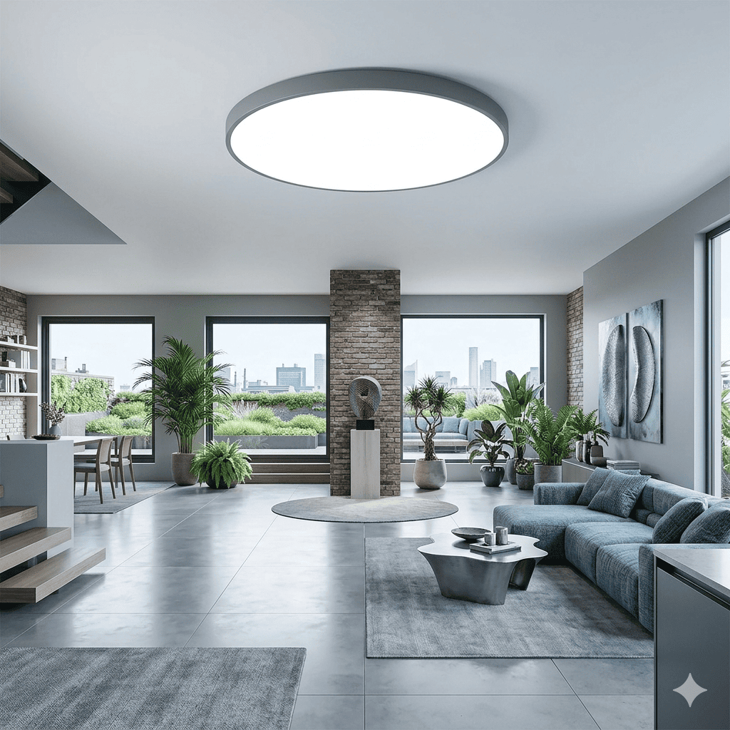 Pair of EvokLiving smart ceiling lights with modern design, featuring adjustable brightness and wireless remote control.