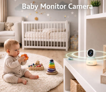 Wireless indoor baby monitor camera by EvokLiving showing a baby sleeping in a crib with a digital display screen