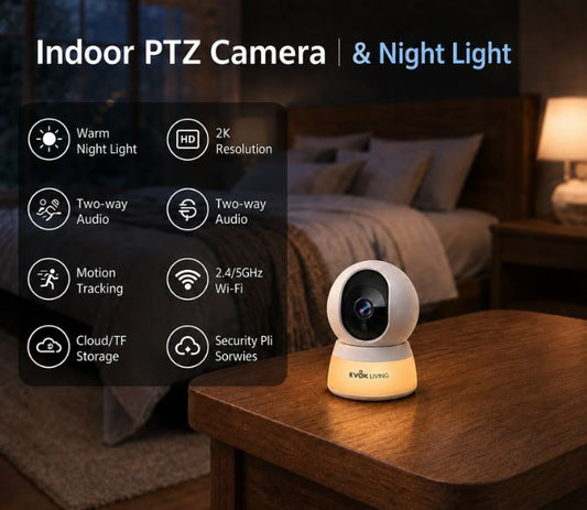 Wireless indoor baby monitor camera by EvokLiving showing a camera mounted on a nursery wall for real-time baby monitoring.