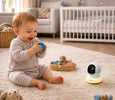 Wireless indoor baby monitor camera by EvokLiving showing a baby crib with clear video feed and adjustable camera lens.